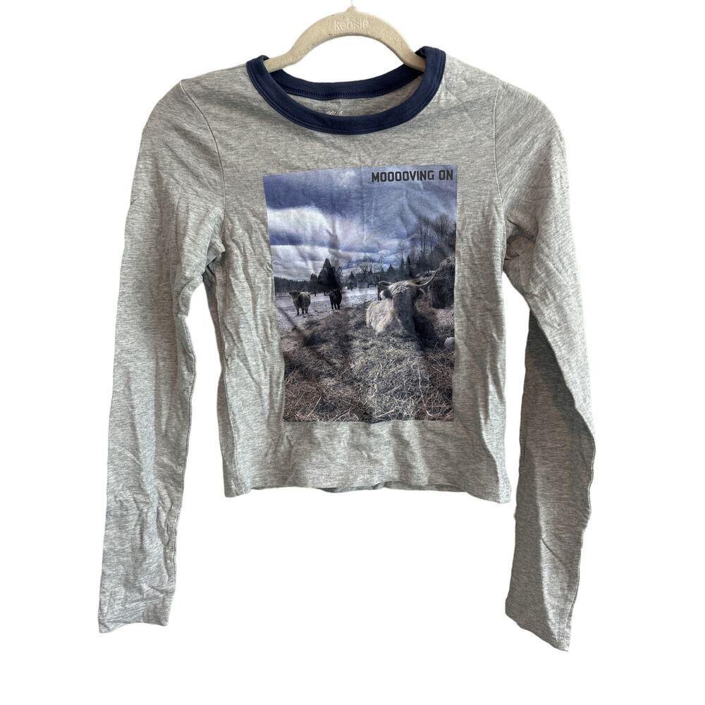 NWT Aerie Long Sleeve Graphic Cow T-Shirt Gray Size XS